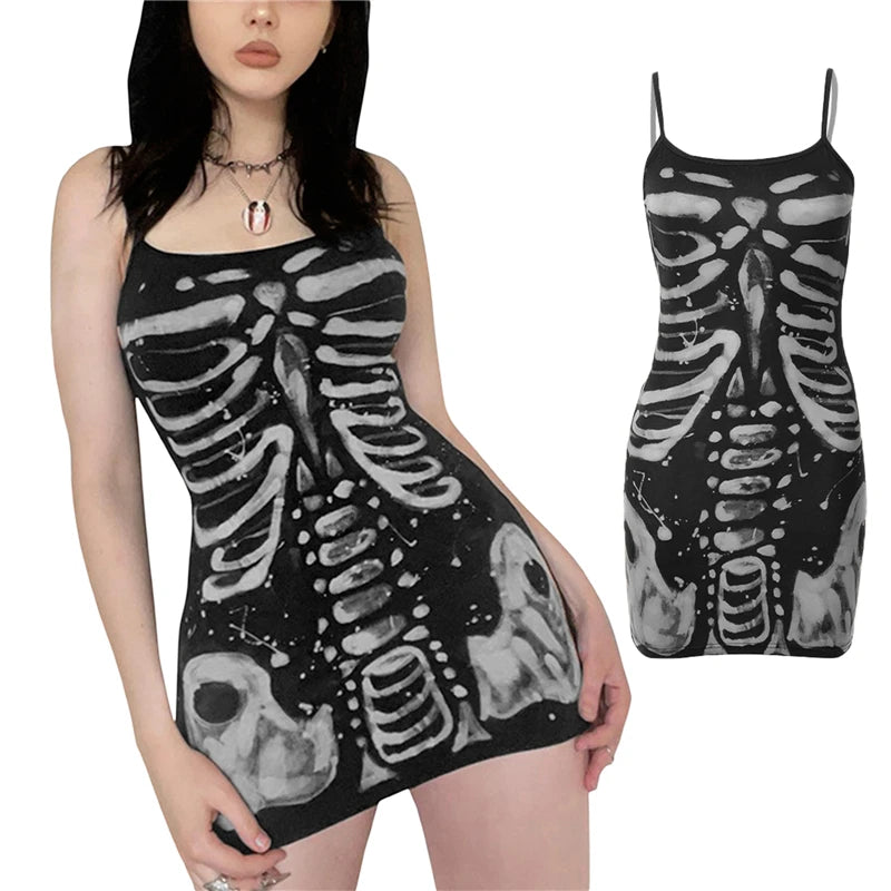 Gothic Dress Summer Spaghetti Strap Sleeveless Bone Printed Mini Dresses Y2k Aesthetic Punk Graphic Dress