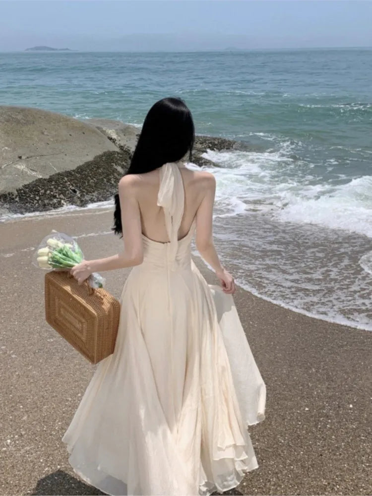 Summer Sleeveless Halter Long White Maxi Dress Tight Waist Vneck Beach Dress Robes Du Soir Evening Dresses Wedding Prom