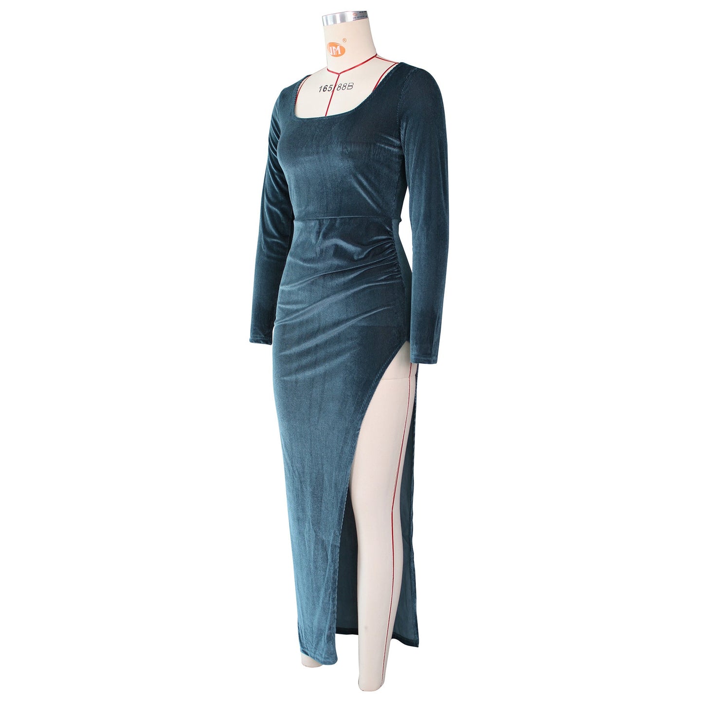 Velvet High Waist Slit Maxi Dress Long Sleeve Evening Party Dress