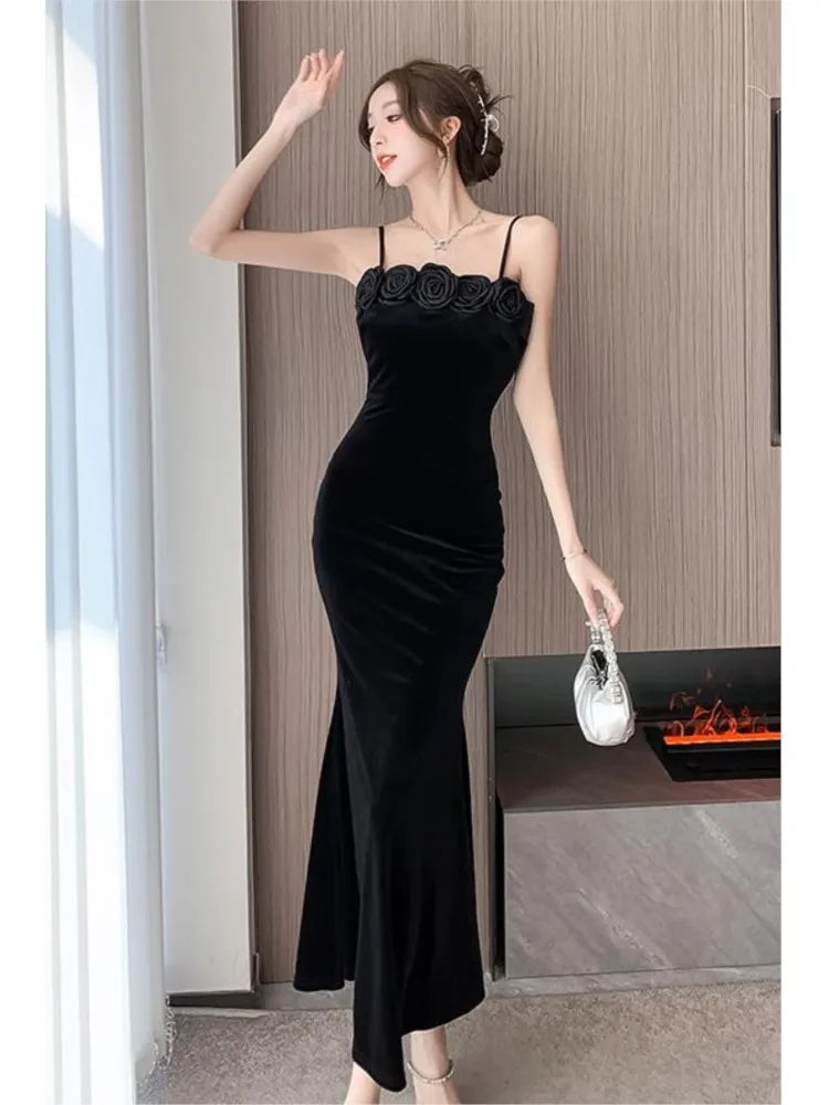 Autumn Winter Black Velvet Appliques Sling Long Dress Dress Korean Vintag Dance Party Night Dress
