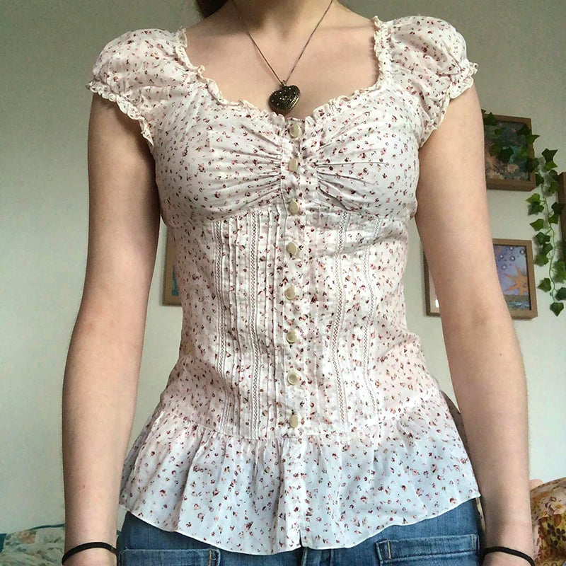 Print Ruched Aline Blouse French Style Singlebreasted Short Sleeve Top Slimming Tieup Collar Shirts