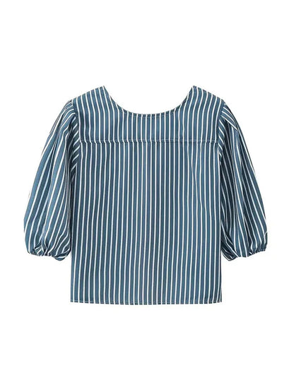 Summer Stripes Shirts for Woman Round Neck Short Sleeves Bow Laceup Tops Female Blouses