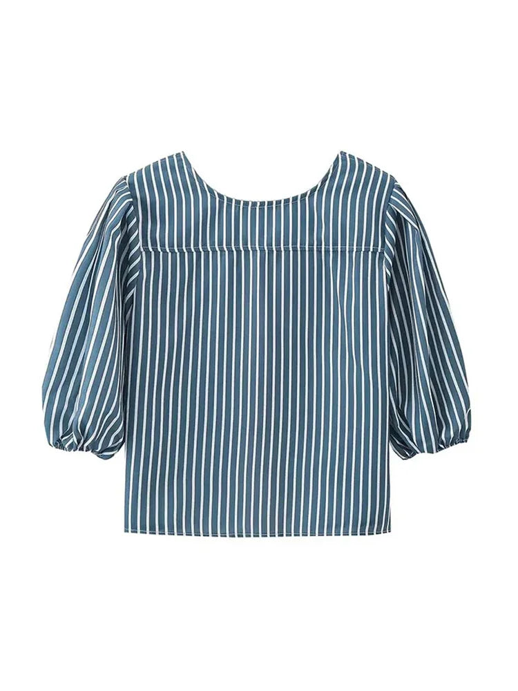 Summer Stripes Shirts for Woman Round Neck Short Sleeves Bow Laceup Tops Female Blouses