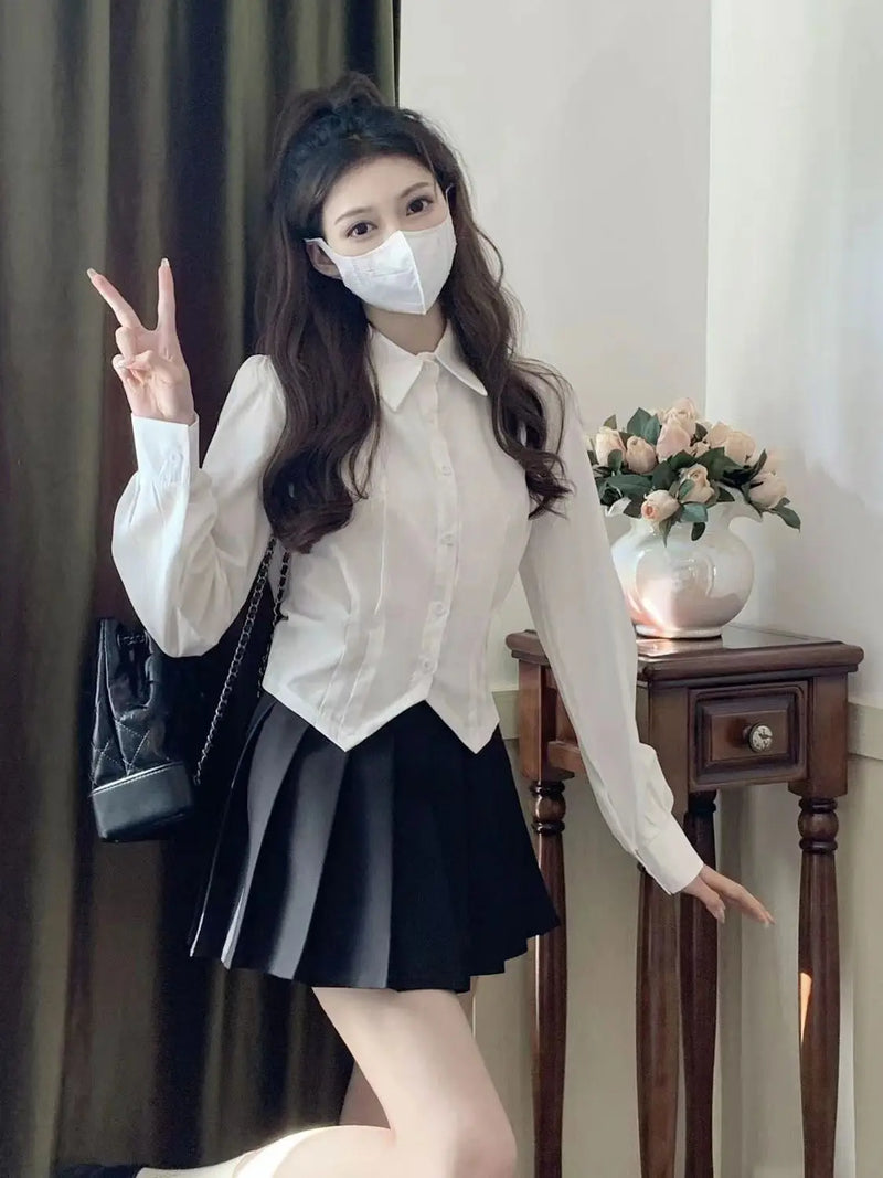 White Long Sleeve Crop Shirt Slim Tunic Button Up Basic Blouse School Top Female Swallow Tail Formal