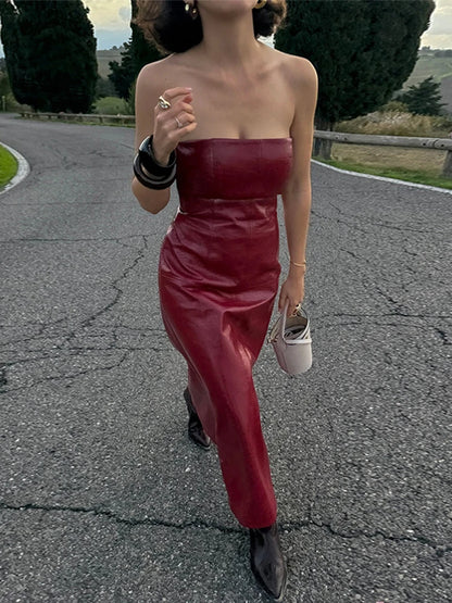 Pu Leather Tube Dresses Suit Coat ’s Set Slim Fit Long Dress Lapel Jackets Sets Female Street Outfits