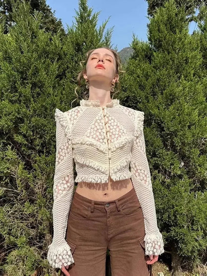 Heavy Industry Embroidered Lace Hook Flower Shirt Female Long Sleeve Blouse Clothing Autumn New Slimming Short Top