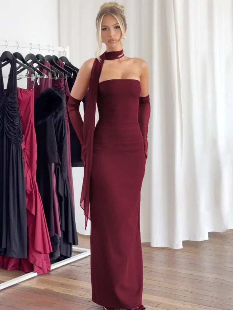 Strapless Backless Maxi Dress for Burgundy Mesh Sleeve Off-shoulder Bodycon Club Party Evening Long Dress