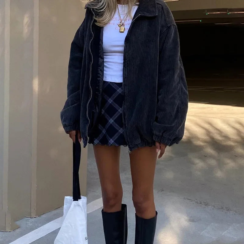 Autumn and Winter New Street Style New Longsleeved Lapel Zipper Cardigan Loose and Thin Warm Jacket