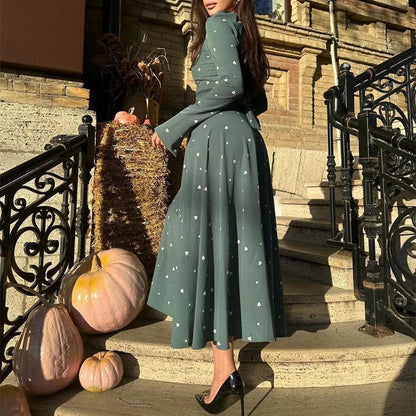 Spring Oneck Swing Maxi Dress Print Lace Up Bow Slim Long Dress Autumn Flare Long Sleeve Party Dress