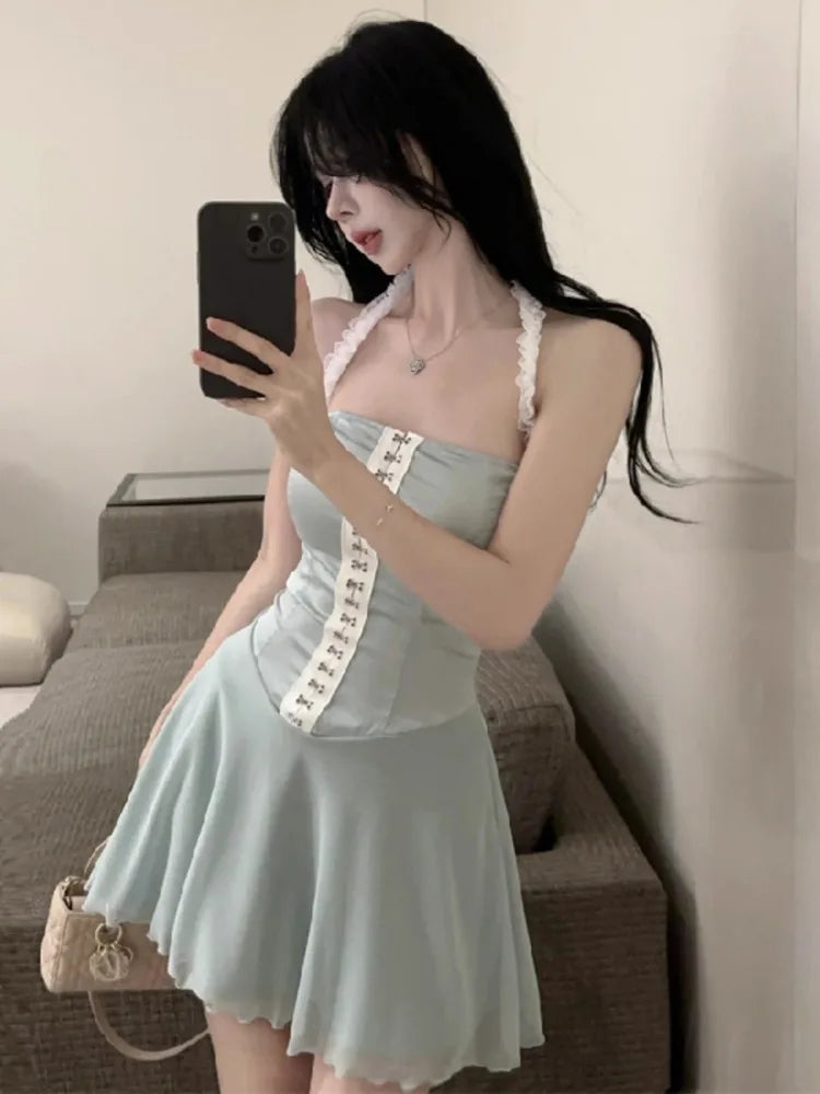 Evening Dress Woman Sleeveless Halter Patchwork Ruffles Sweet Slim Cocktail Mini Dresses Birthday Party