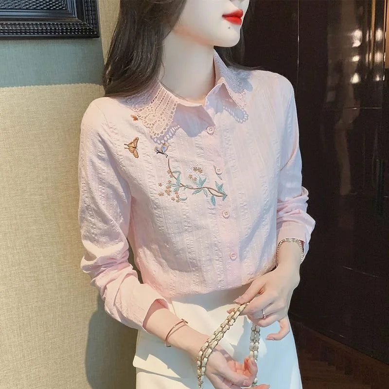 Embroidery Spring Autumn Blouses Shirts Lady Long Sleeve Turn-down Collar Color Blusas Tops Df4775