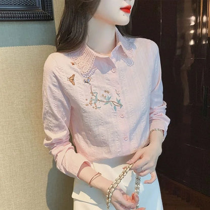 Embroidery Spring Autumn Blouses Shirts Lady Long Sleeve Turn-down Collar Color Blusas Tops Df4775