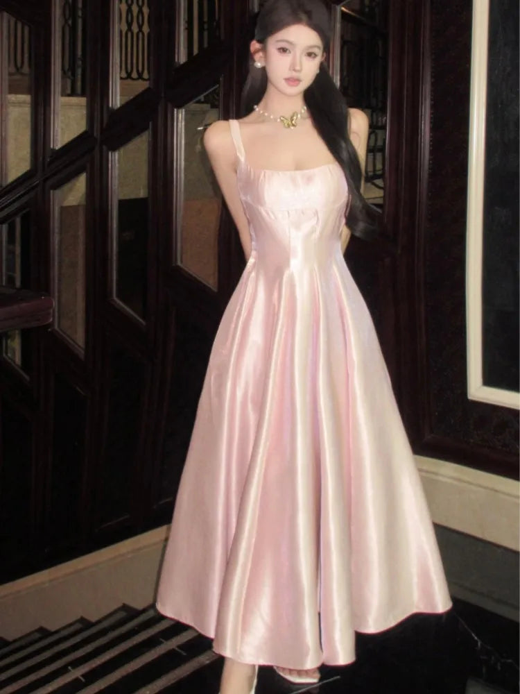 Satin Midi Dresses for Sleeveless High Waist Evening Party Dress A-line Prom Robe Korean Summer Vestidos