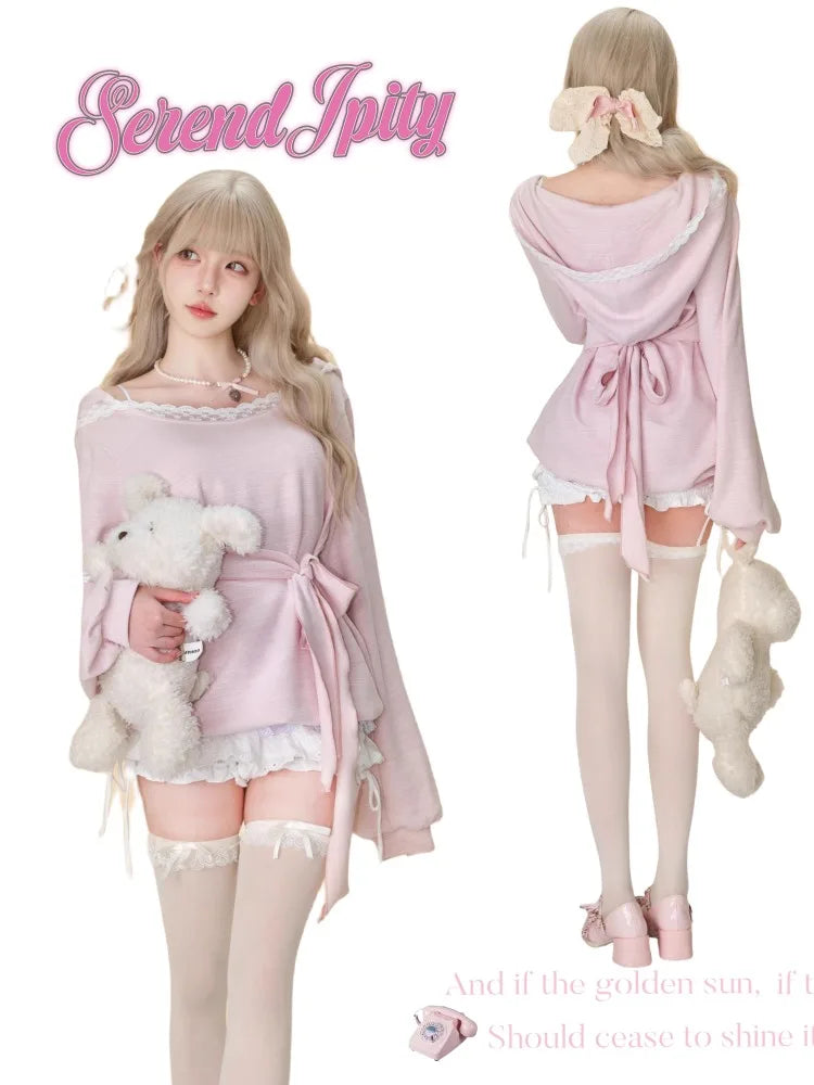 Kawaii Pink Mini Dress With Hooded Lace Japanese Short Party Dress Female One Piece Dress Koreean Autumn