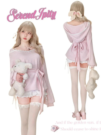 Kawaii Pink Mini Dress With Hooded Lace Japanese Short Party Dress Female One Piece Dress Koreean Autumn