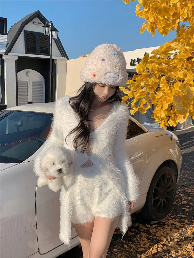 Sweet Hot Girl Pure Suit Autumn Knitted Cardigan High Waisted Slim Fit Shorts Twopiece Set Female Clothes