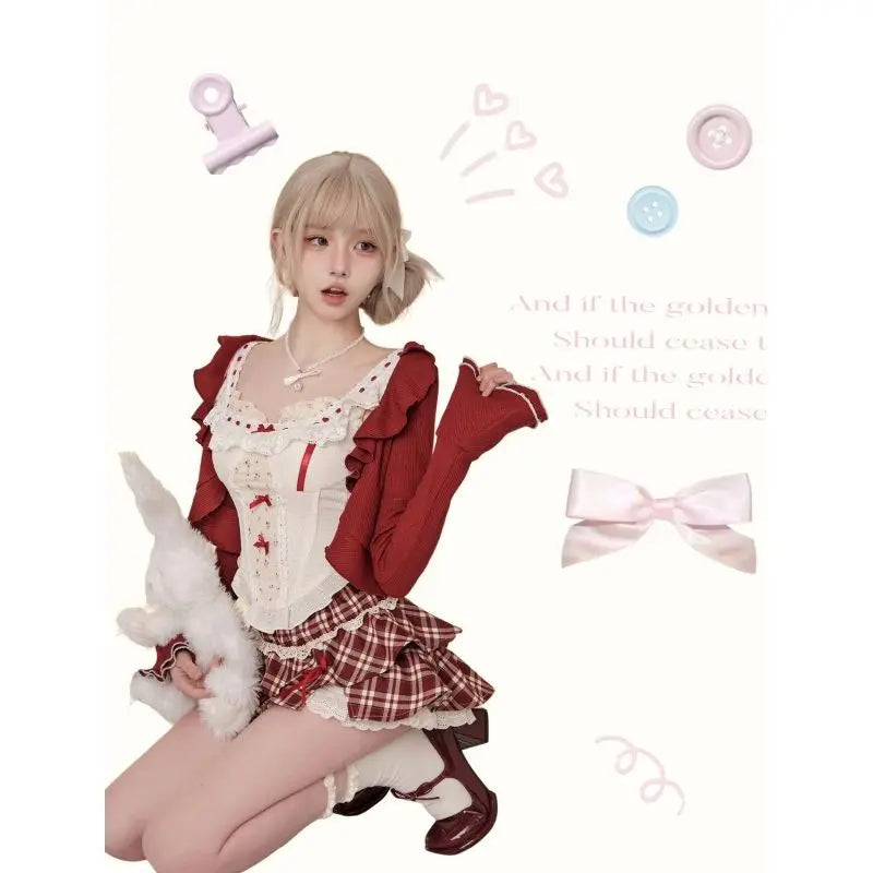 Red Sweet Cherry Summer Skirts Set Clothing Red Short Cardigan+tank Top+high Waist Splicing Plaid Skirt Three Piece Set