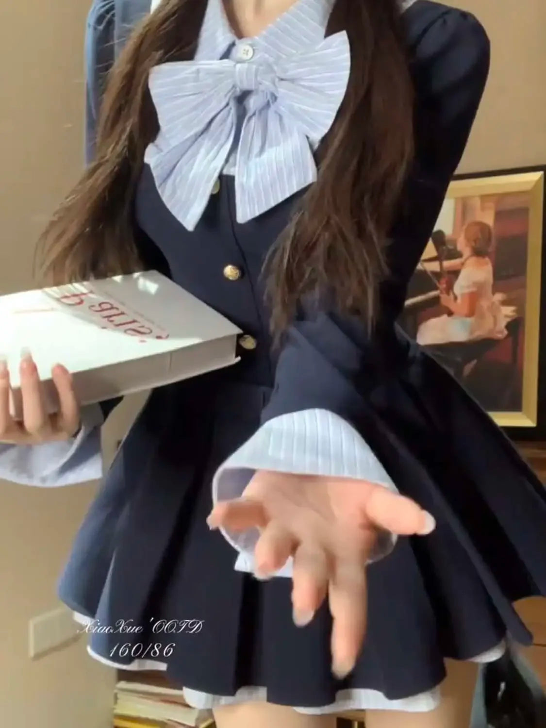 Korean College Style Fake Two Piece Spliced Bow Long Sleeve Pleated Dresses for Autumn Sweet Waist Slim Aline Mini Dress