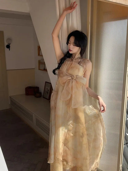 Summer Tie Dye Mesh Midi Dresses Sleeveless Fairy Bow Design Dress Female Irregular Ruffles Backless Dresses