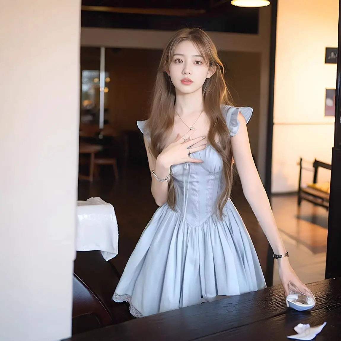 Blue Bandage Mini Dresses Flying Sleeve Spring Summer French Style Dress Ruffles Vestidos Mujer