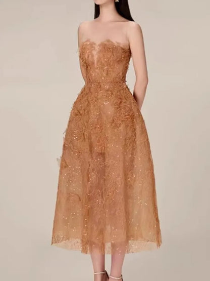 Korean Style 3d Flower Sequin Lace Strapless Dress Multi-color Mesh Long Dresses New Spring Summer A7877
