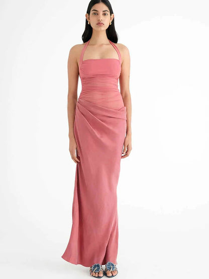 Hollow Patchwork Halter Maxi Dress