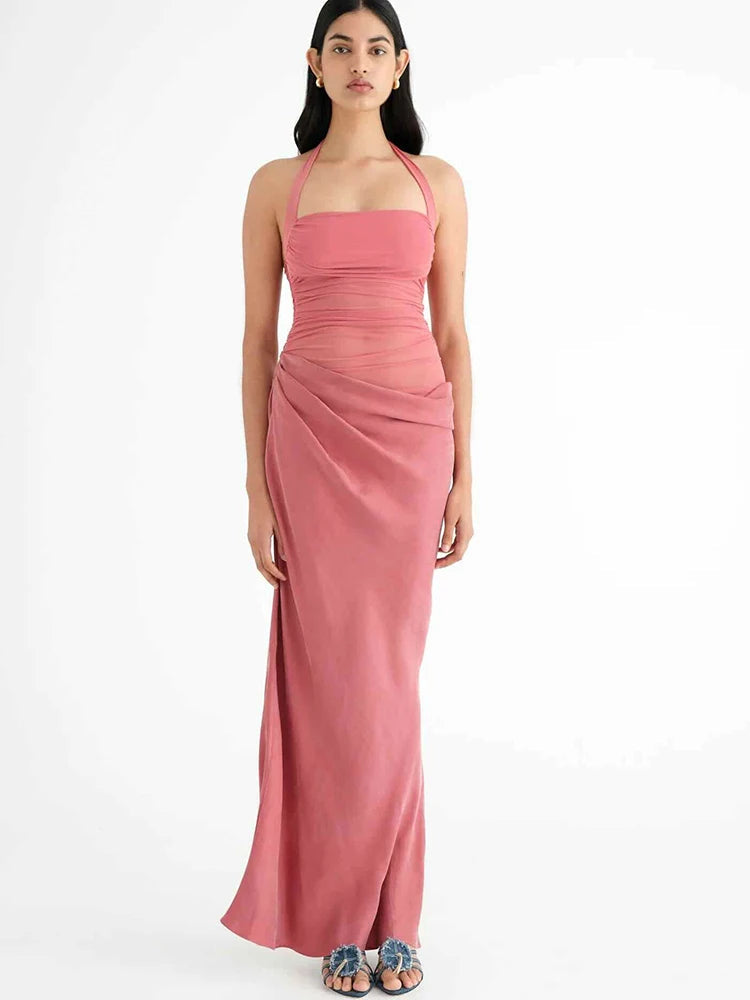 Hollow Patchwork Halter Maxi Dress