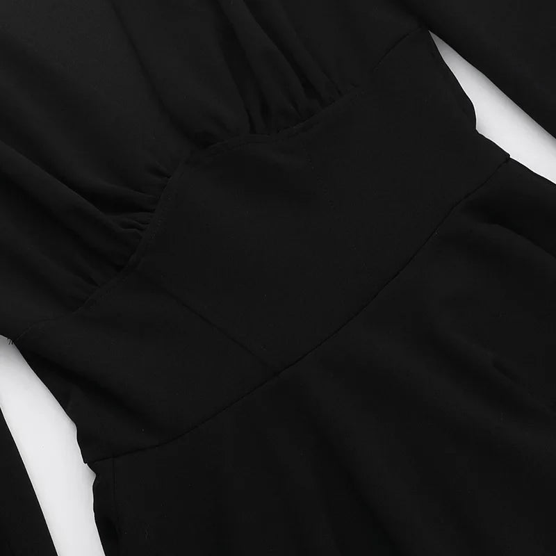 Low Cut Long Sleeve Pleated Mini Dress Wrap Waist Slim Party Vestido Spring Fall Harajuku Y2k Clothes