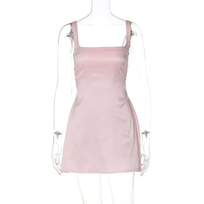 Satin Square Collar Backless Mini Dress for Color Sleeveless A-line Bodycon Club Party Dress