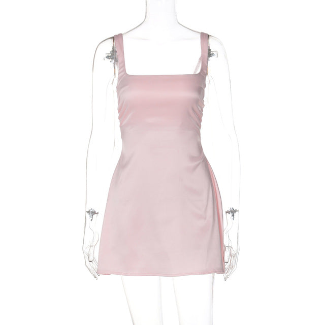 Satin Square Collar Backless Mini Dress for Color Sleeveless A-line Bodycon Club Party Dress