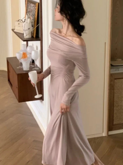 Off Shoulder Knit Midi Dresses Autumn Long Sleeve Pleated Dress Slim Evening Party Female Clothing
