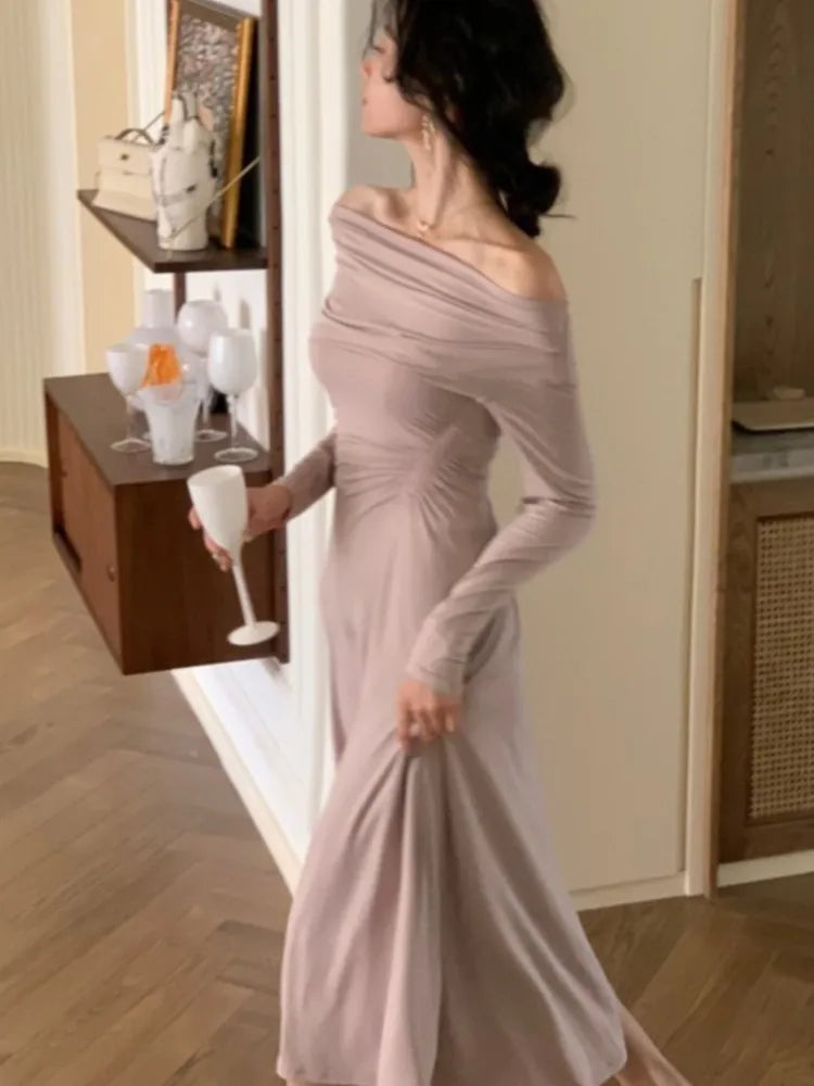 Off Shoulder Knit Midi Dresses Autumn Long Sleeve Pleated Dress Slim Evening Party Female Clothing