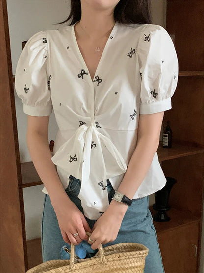 Stylish Vneck Sweet Blouses Summer Florals Half Sleeve Gentle Office Lady Slim Mujer High Street