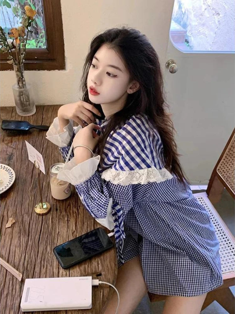 Plaid Shirts Lace Patchwork Ruffles Peter Pan Collar Long Sleeve Spring Sweet Bandage Loose Blouse Female Tops