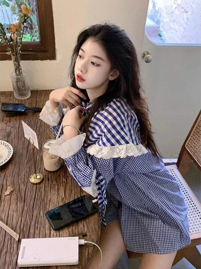 Plaid Shirts Lace Patchwork Ruffles Peter Pan Collar Long Sleeve Spring Sweet Bandage Loose Blouse Female Tops