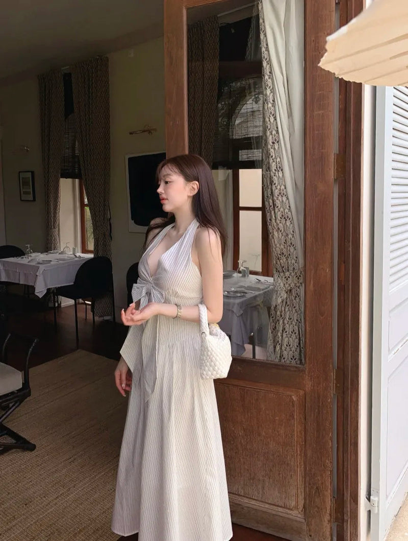 French Vacation Style Hanging Neck Striped Vest Dress Summer New Design Butterfly Bow Long Dresses