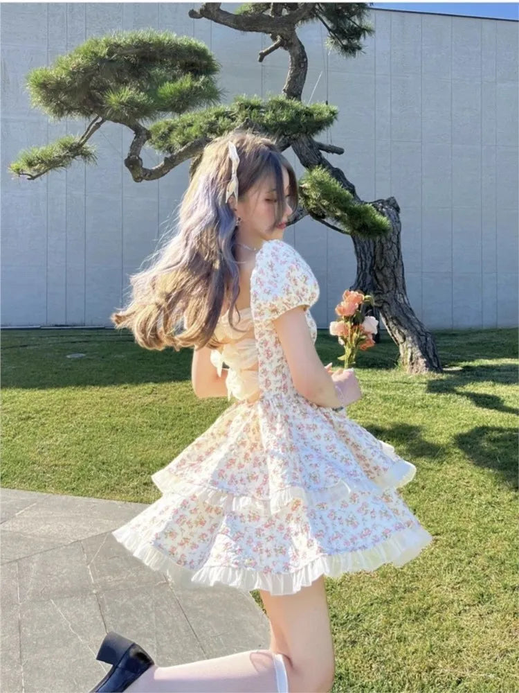Print Mini Dress Spring Summer Hollow Out Princess Party Dresses Female Vestidos