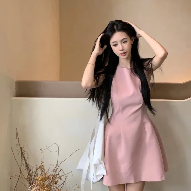 Line Mini Dresses Sleeveless Spring Summer Sweet Simple Vestidos Mujer Korean Fashions Retro Dress