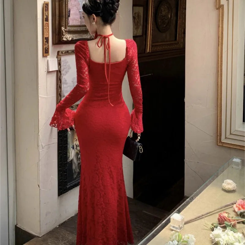 Lace Bodycon Maxi Dresses for Flare Sleeve Square Collar Slim Mermaid Evening Party Dress Fishtail Vestidos Prom Robe