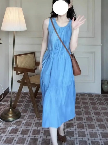 Blue Sleeveless Strap Dress Children Wear New Summer French Style Seaside Vacation Vest Long Dress Loose