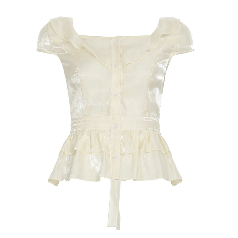 Peter Pan Collar Tiered Aline Blouse Sweet Slimming Back Tieup Bow Shirts Short Sleeve Top Summer