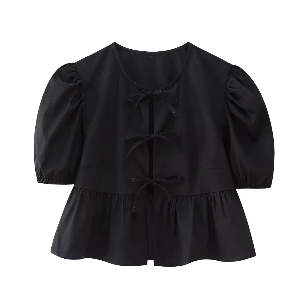 Summer Woman Bow Tied Lace Up Shirts Puff Short Sleeves Blouse Oneck Ruffle Color Tops