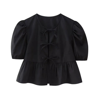 Summer Woman Bow Tied Lace Up Shirts Puff Short Sleeves Blouse Oneck Ruffle Color Tops