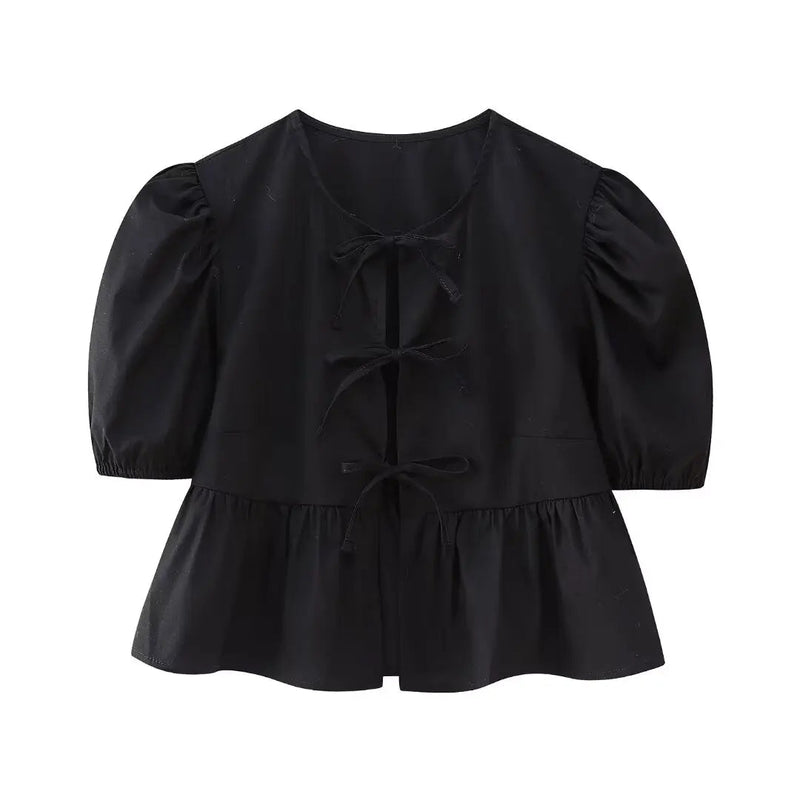 Summer Woman Bow Tied Lace Up Shirts Puff Short Sleeves Blouse Oneck Ruffle Color Tops