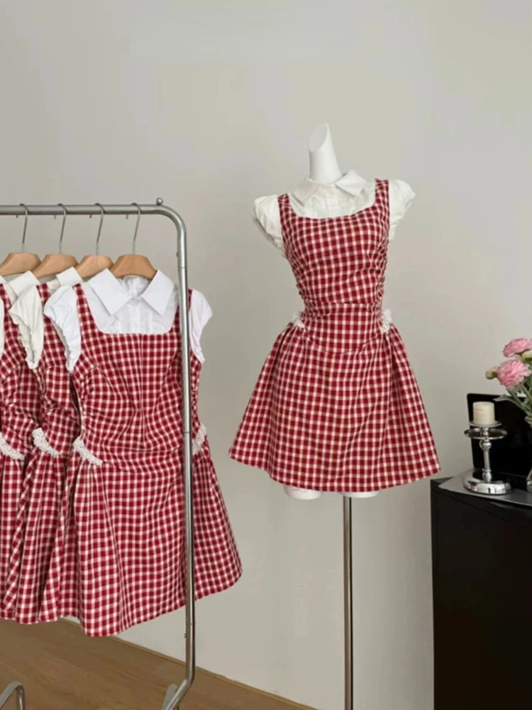 Summer Y2k Coquette Plaid Shirt Dress Preppy Style Sweet Short Party Dress Japanese Mini Dress New
