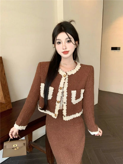 Small Fragrance Tweed Skirts Sets O Neck Patchwork Short Cardigans Jacket Long Skirt Korean Two Piece Set Female Outfits