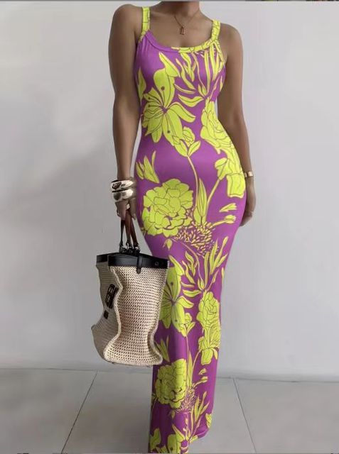 Printed Slim Spaghetti Strap Long Dresses Y2k Sleeveless Skinny Bodycon Maxi Vestidos Summer New