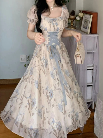 Y2k Midi Dress Kawaii Lolita Laceup Square Collar High Waist Princess Evening Party Dresses Prom Robe Vestido New