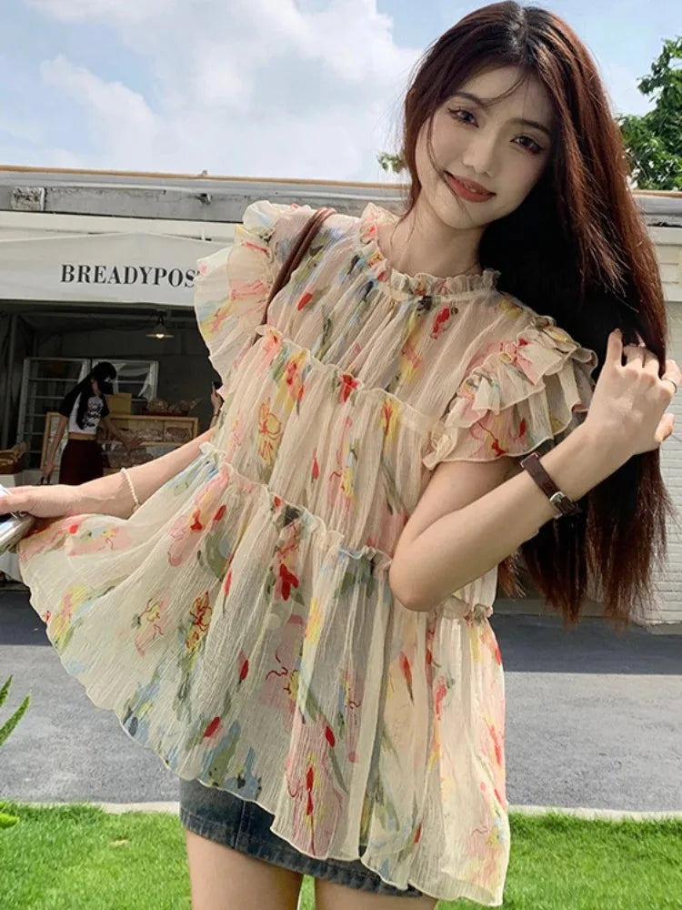 Y2k Print Chiffon Blouse Flying Sleeve Perspective Fairycore Pleated Shirts Summer Aesthetic Tops