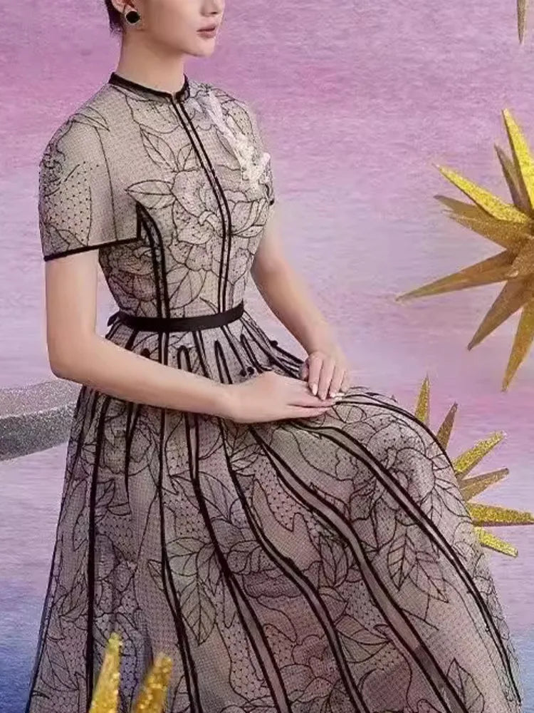 Party Dress O Neck Short Sleeve Lace Mesh Embroidery Long Dresses for Spring Summer 8980